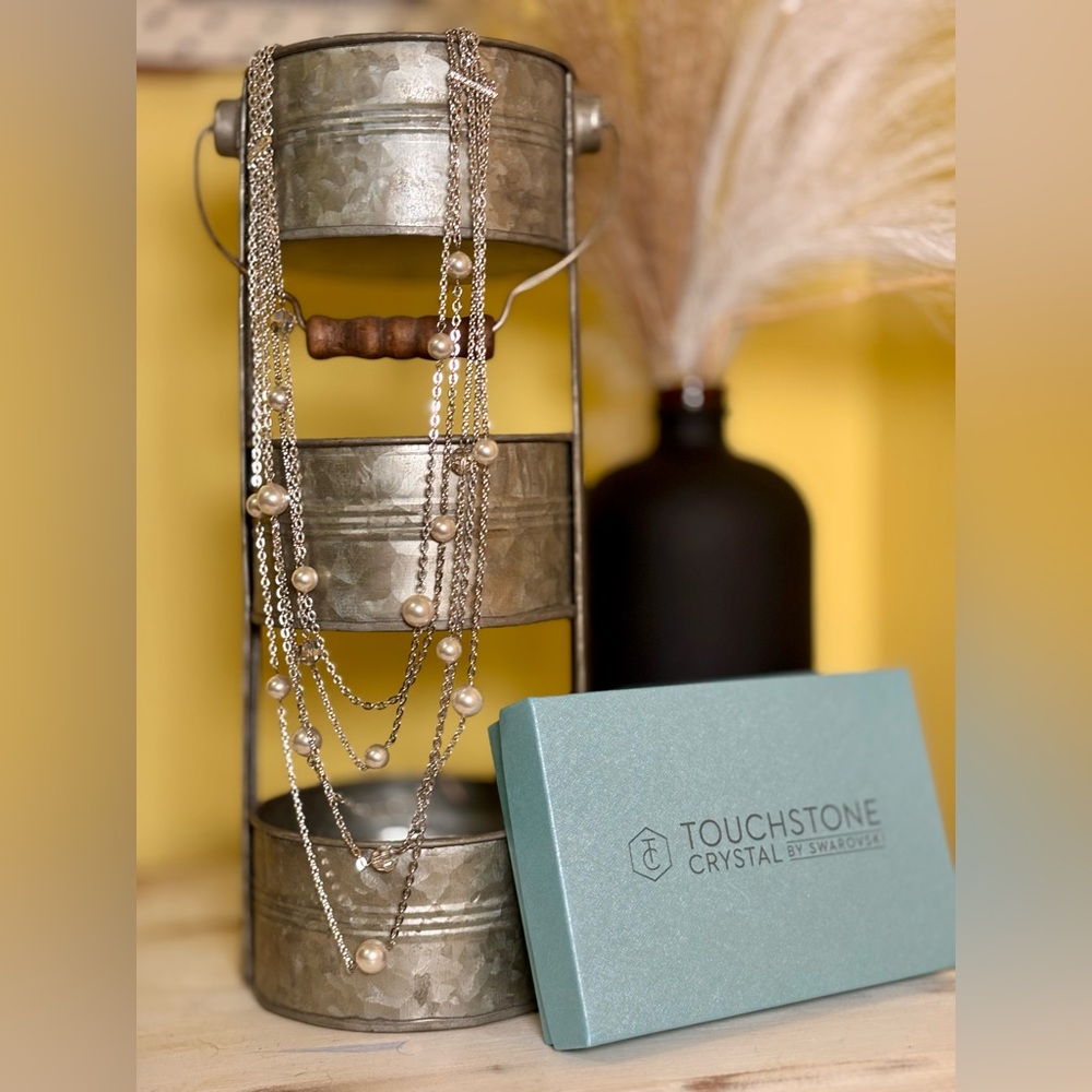 NIB Touchstone Crystal Swarovski Charleston pearl rhinestone layered necklace